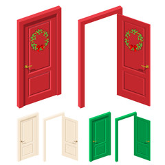 Classic wooden panel door with christmas wreath. Sen on several colors - red, green and white. Open and closed position. Vector illustration on white background.