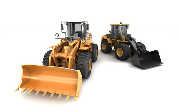 Construction site concept. Two different powerfull hydraulic earth movers isolated on white moving in different directions. 3D illustration. Wide angle. Front view