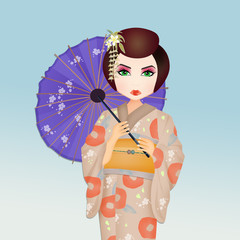 illustration of Geisha with umbrella