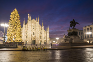 Milan, Italy: Duomo square in december with the christmas tree in front of Milan cathedral, night view. A row of yellow sharing bicycles in the foreground.