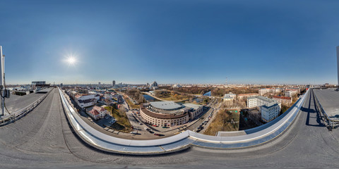 Air roof 360 panorama in center of city with beautiful architecture.  Full 360 by 180 degree seamless spherical panorama in equirectangular projection.  Skybox for VR