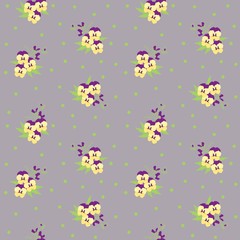 Stoffe zum Nähen Kleine winzige gelbe und violette Stiefmütterchen Blumensträuße verstreut auf einem gestrichelten Hintergrund. Ditsy, Liberty nahtlose Blumenmuster in traditioneller Folklore Stil, Hintergrund oder Textil-design