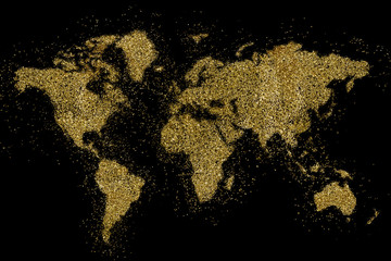 The world shaped from golden glitter on black (series)