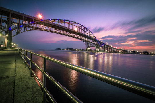 Blue Water Bridge Cityscape Panorama. The waterfront district of Port Huron, Michigan with the Blue Water Bridge. The Bridge connects the USA and Canada.
