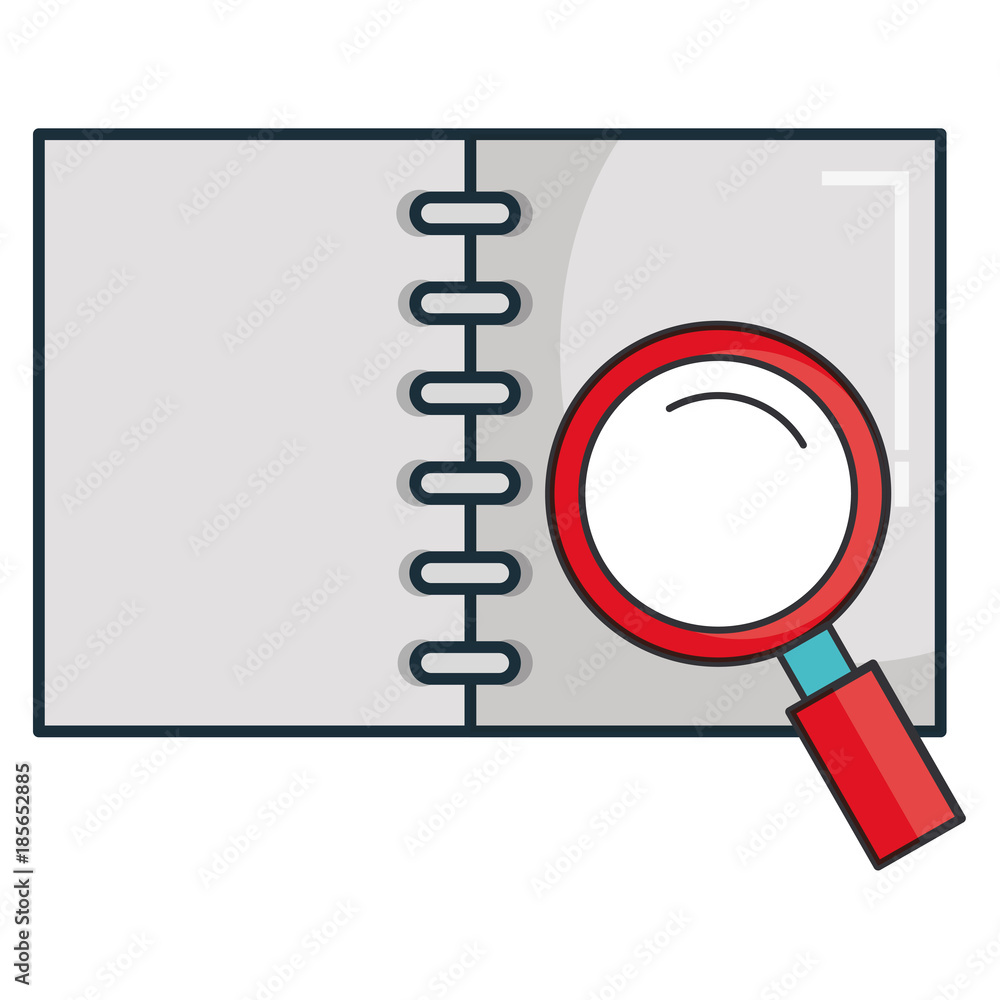 Poster notebook with magnifying glass vector illustration design