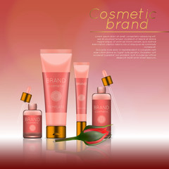 Vector 3D cosmetic illustration with rose and bokeh background. Beauty realistic cosmetic product design template.
