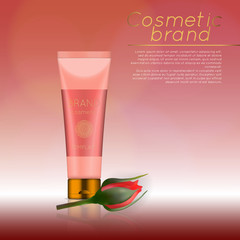 Vector 3D cosmetic illustration with rose and bokeh background. Beauty realistic cosmetic product design template.