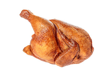 half a delicious smoked chicken on white background