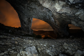 Night view of the Students' Grotto in Trascău Mountains, Romania