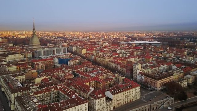 turin skyline aerial view at sunrise pan over city center