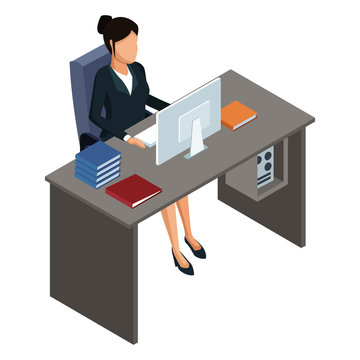 Business woman on office desk icon vector illustration graphic design