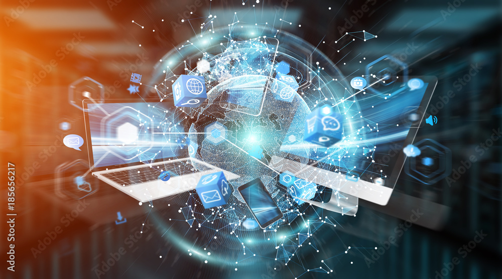 Poster Modern digital devices connected to each other 3D rendering