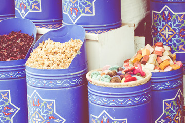 Selection of spices on a traditional Moroccan market (souk) in Marrakech, Morocco