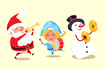 Santa and Maiden with Snowman Vector Illustration