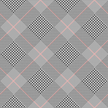 Prince of Wales check pattern in classic black and white with red overcheck. Seamless glen plaid vector texture. Diagonal print. 