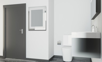 Spacious bathroom in gray tones with heated floors, freestanding tub. 3D rendering. Empty picture