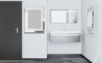 Fototapeta na wymiar Spacious bathroom in gray tones with heated floors, freestanding tub. 3D rendering. Empty picture