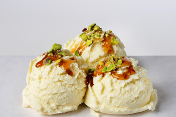 Vanialla Chocolate Icecream with Syrup, Caramel, Nuts. For package design