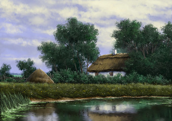 Rural landscape paintings, village, river. Fine art.