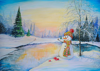 Winter landscape paintings, snowmen, watercolor.