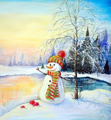 Winter landscape paintings, snowmen, watercolor.