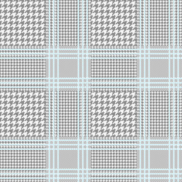 Prince of Wales check pattern in pastel grey and white with blue overcheck. Seamless glen plaid vector print. 