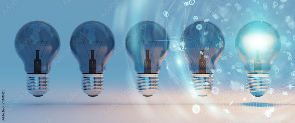 Aufkleber bright lightbulbs and connections lined up 3d rendering