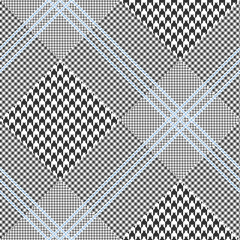 Prince of Wales check pattern in classic black and white with triple blue overcheck. Seamless glen plaid vector texture. Diagonal print. 