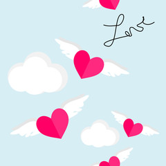 Flat design of Lovely heart with wing is flying in the sky. There is handwriting word ' Love' in the background. Seamless pattern vector. 