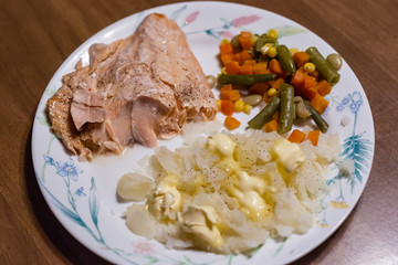 Salmon dinner night with potatoes and mixed vegtables