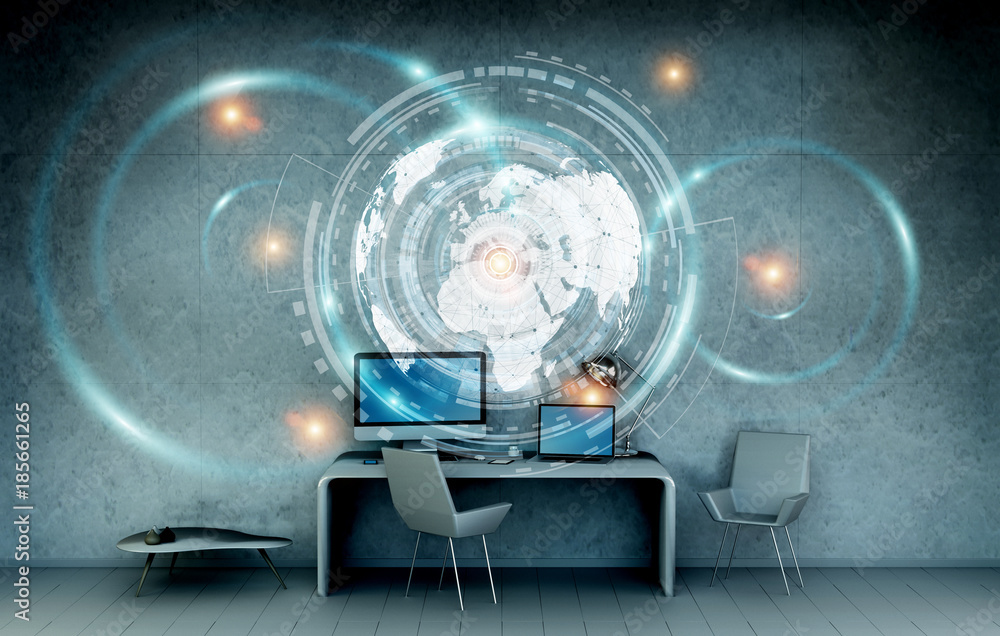 Poster Workplace with modern devices and hologram screens 3D rendering