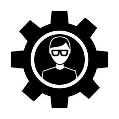 avatar with glasses inside gear setting technology  pictogram image