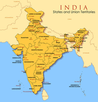 Detailed map of India, Asia with all states and country boundary
