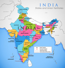 Detailed map of India, Asia with all states and country boundary - 185662273