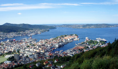 Fototapeta na wymiar Aerial view of the port of Bergen city, beautiful landscape, sunny day, Hordaland county, Norway