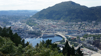 Aerial view of buildings of Bergen city, beautiful landscape, sunny day, Hordaland county, Norway