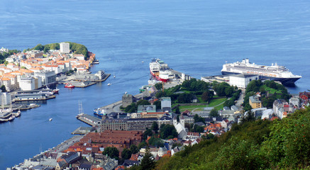 Aerial view of the harbor of Bergen city, beautiful landscape, sunny day, Hordaland county, Norway
