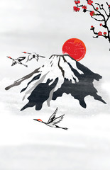 Japanese style background for greeting cards; in the background there is a stylized depiction of the Mount Fuji