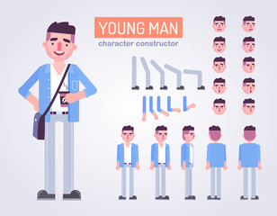 Happy young man character with various views, face emotions, poses . Front, side, back view animated character.Vector clip art