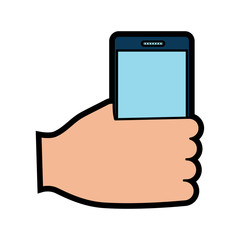 hand holding smartphone gadget icon image vector illustration design 