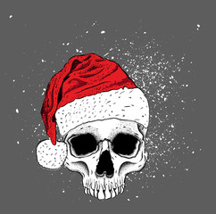 Portrait of a skull in a santa claus hat. Can be used for printing on T-shirts, flyers, etc. Vector illustration
