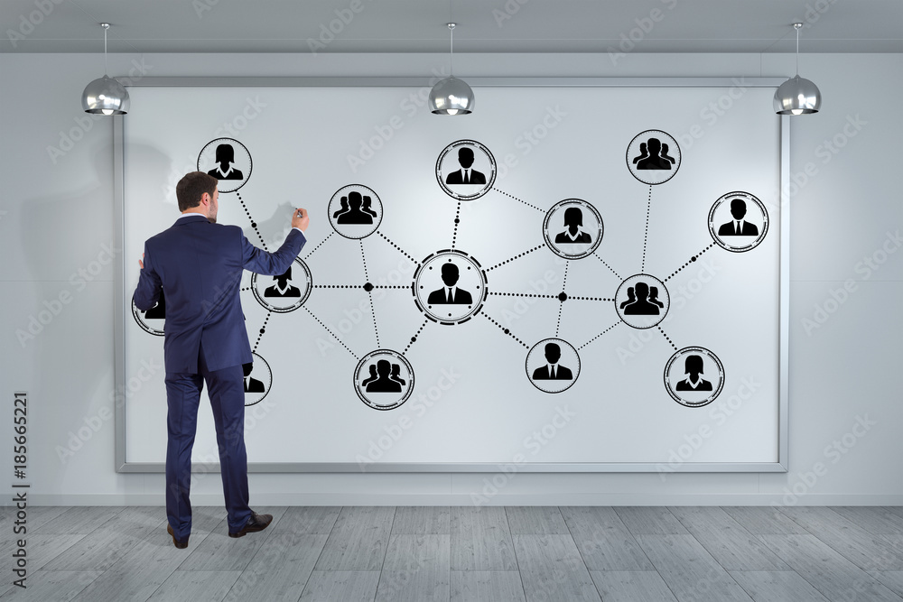 Aufkleber businessman using social network connections on a board 3d rendering