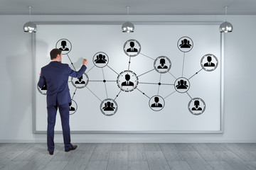 Businessman using social network connections on a board 3D rendering