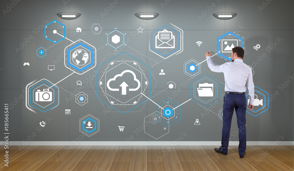 Aufkleber businessman using cloud interface on a wall 3d rendering