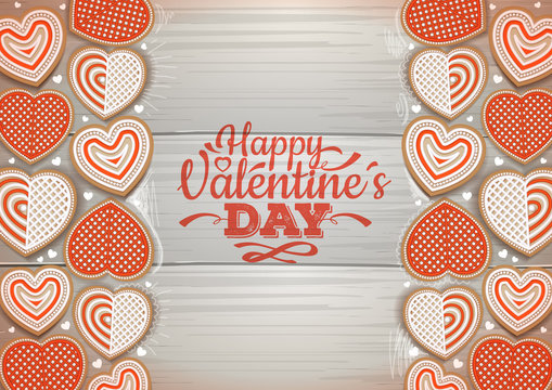 Top view of valentine cookies on wooden background. Happy Valentine`s Day