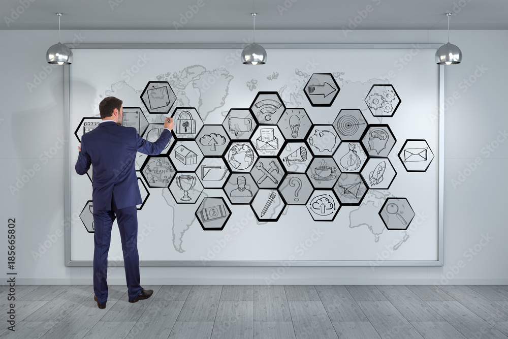 Poster Businessman drawing multimedia interface sketch on a board 3D rendering