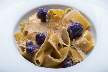 Fetuccine with purple cauliflower and pecorino cheese