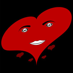 Vector image of a flat heart icon with eyes and a smile. Red heart on black isolated background.