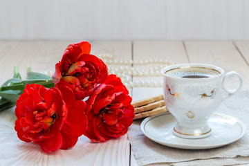 Morning coffee with tulips