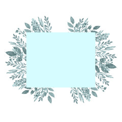 Watercolor card, card, invitation, label from a vegetable pattern. Picture of wild grasses, flowers, spikelets, berries of blue, gray, beautiful color. On white isolated background.